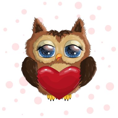 Sevgililer günü kartı. Sevimli Çizgi film Baykuşu. Yürekli ve çiçekli.