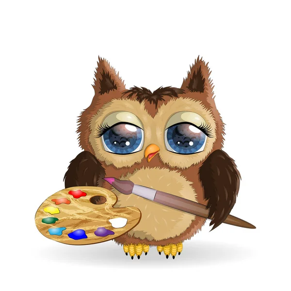 Cute Painter Owl Holding Color Palette Brush Art Concept — 스톡 벡터