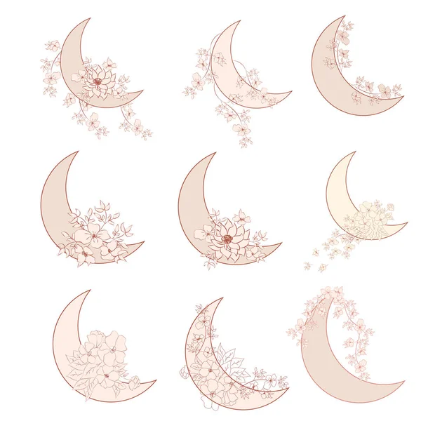 Mystic Boho Set Elegant Moon Flower Line Art Magic Symbol —  Vetores de Stock