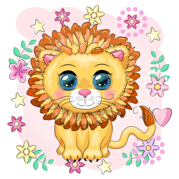 Κινούμενο Λιοντάρι Εκφραστικά Μάτια Λουλούδια Άγρια Ζώα Χαρακτήρας Παιδικό Χαριτωμένο — Διανυσματικό Αρχείο