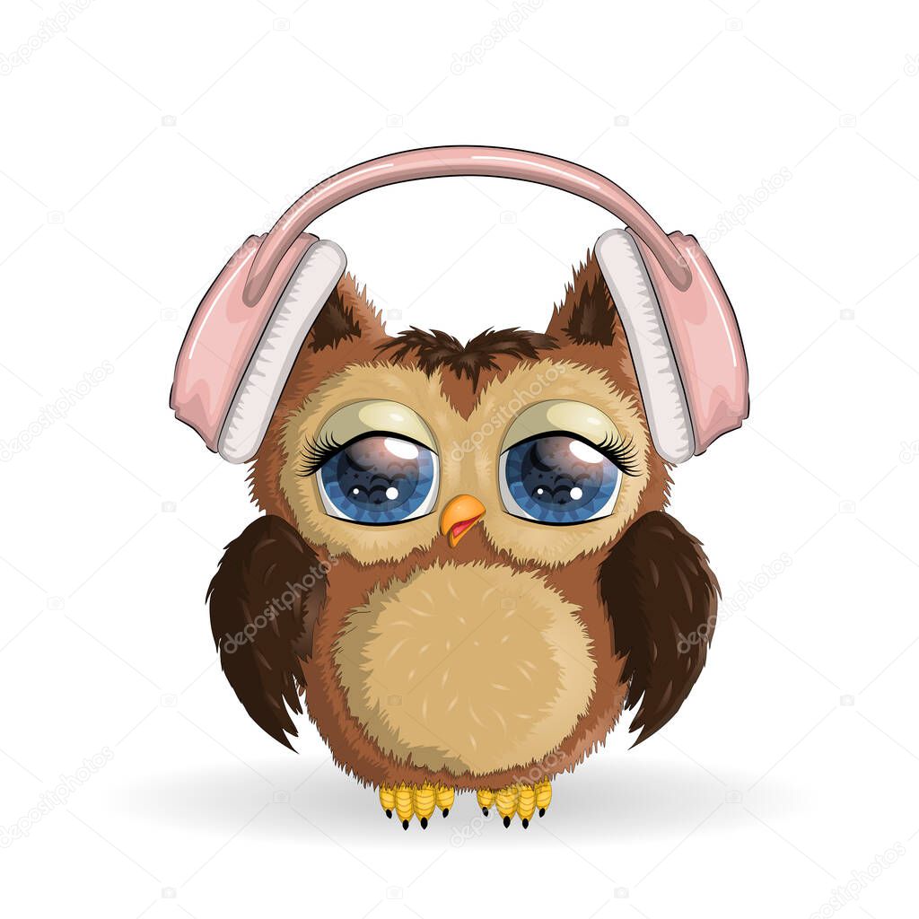 Cute cartoon Owl Girl with headphones and notes, love music