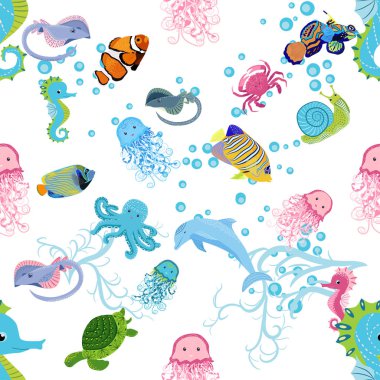 Deniz hayatı, balıklar, hayvanlar parlak, pürüzsüz desenler. Deniz yolculuğu, sualtı dalış yapan tropikal balıklar. Denizanası, balina, köpekbalığı, denizatı, palyaço balığı, yunus, kaplumbağa imparatoru balık ahtapot vatoz vatozu