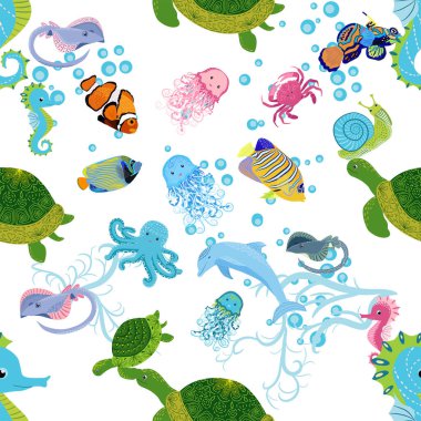 Deniz hayatı, balıklar, hayvanlar parlak, pürüzsüz desenler. Deniz yolculuğu, sualtı dalış yapan tropikal balıklar. Denizanası, balina, köpekbalığı, denizatı, palyaço balığı, yunus, kaplumbağa imparatoru balık ahtapot vatoz vatozu