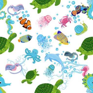 Deniz hayatı, balıklar, hayvanlar parlak, pürüzsüz desenler. Deniz yolculuğu, sualtı dalış yapan tropikal balıklar. Denizanası, balina, köpekbalığı, denizatı, palyaço balığı, yunus, kaplumbağa imparatoru balık ahtapot vatoz vatozu
