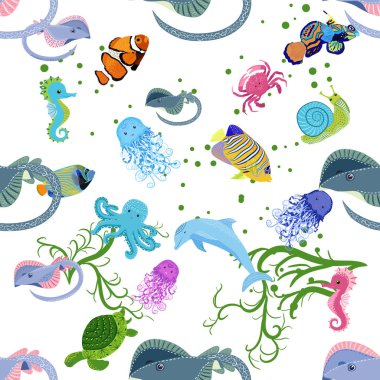 Deniz hayatı, balıklar, hayvanlar parlak, pürüzsüz desenler. Deniz yolculuğu, sualtı dalış yapan tropikal balıklar. Denizanası, balina, köpekbalığı, denizatı, palyaço balığı, yunus, kaplumbağa imparatoru balık ahtapot vatoz vatozu