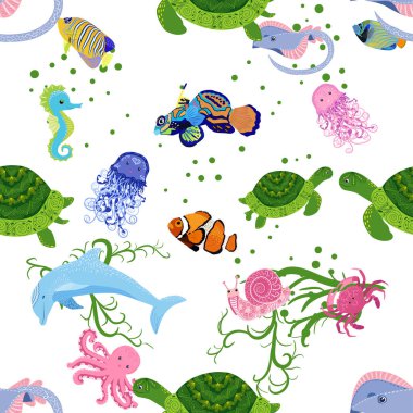 Deniz hayatı, balıklar, hayvanlar parlak, pürüzsüz desenler. Deniz yolculuğu, sualtı dalış yapan tropikal balıklar. Denizanası, balina, köpekbalığı, denizatı, palyaço balığı, yunus, kaplumbağa imparatoru balık ahtapot vatoz vatozu