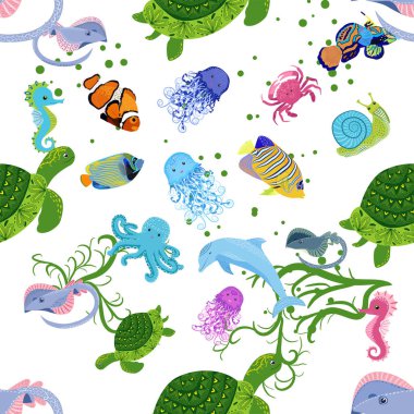 Deniz hayatı, balıklar, hayvanlar parlak, pürüzsüz desenler. Deniz yolculuğu, sualtı dalış yapan tropikal balıklar. Denizanası, balina, köpekbalığı, denizatı, palyaço balığı, yunus, kaplumbağa imparatoru balık ahtapot vatoz vatozu