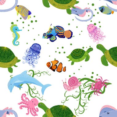 Deniz hayatı, balıklar, hayvanlar parlak, pürüzsüz desenler. Deniz yolculuğu, sualtı dalış yapan tropikal balıklar. Denizanası, balina, köpekbalığı, denizatı, palyaço balığı, yunus, kaplumbağa imparatoru balık ahtapot vatoz vatozu