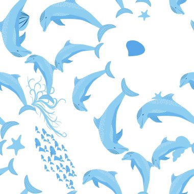 Yunus, deniz sakinleri kusursuz desen, deniz kabukları, algler, denizyıldızı, deniz yaban hayatı arasında güzel bir karakter..