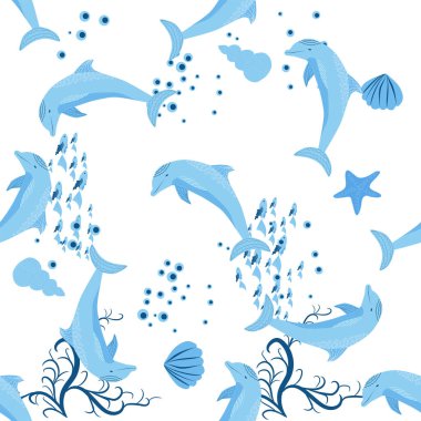 Yunus, deniz sakinleri kusursuz desen, deniz kabukları, algler, denizyıldızı, deniz yaban hayatı arasında güzel bir karakter..