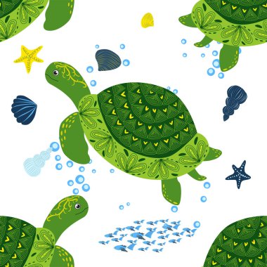 Kaplumbağa yeşili pürüzsüz desen, deniz kabukları arasında güzel bir karakter, deniz yosunu, denizyıldızı, deniz hayvanları, vahşi yaşam. Su altında doğa, okyanus hayvanat bahçesinde deniz yaban balığı.