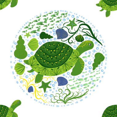 Kaplumbağa yeşili pürüzsüz desen, deniz kabukları arasında güzel bir karakter, deniz yosunu, denizyıldızı, deniz hayvanları, vahşi yaşam. Su altında doğa, okyanus hayvanat bahçesinde deniz yaban balığı.