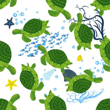 Kaplumbağa yeşili pürüzsüz desen, deniz kabukları arasında güzel bir karakter, deniz yosunu, denizyıldızı, deniz hayvanları, vahşi yaşam. Su altında doğa, okyanus hayvanat bahçesinde deniz yaban balığı.