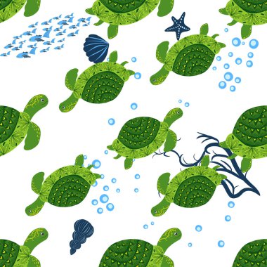 Kaplumbağa yeşili pürüzsüz desen, deniz kabukları arasında güzel bir karakter, deniz yosunu, denizyıldızı, deniz hayvanları, vahşi yaşam. Su altında doğa, okyanus hayvanat bahçesinde deniz yaban balığı.