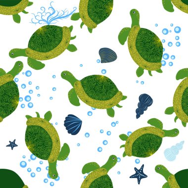 Kaplumbağa yeşili pürüzsüz desen, deniz kabukları arasında güzel bir karakter, deniz yosunu, denizyıldızı, deniz hayvanları, vahşi yaşam. Su altında doğa, okyanus hayvanat bahçesinde deniz yaban balığı.