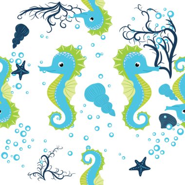 Deniz atı, deniz sakinleri kusursuz desen, deniz kabukları arasında güzel bir karakter, deniz yosunu, denizyıldızı, deniz yaban hayatı.