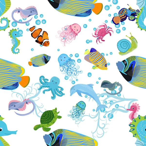 Marine Life Fish Animals Bright Seamless Pattern Sea Travel Underwater — Stock Vector