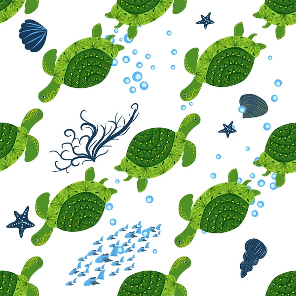 Turtle Padrão Sem Costura Verde Belo Caráter Entre Conchas Algas — Vetor de Stock