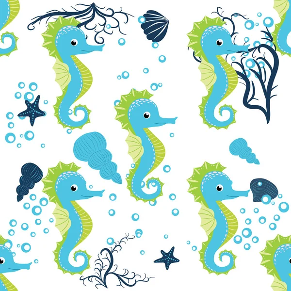 Seahorse Sea Inhabitants Seamless Pattern Beautiful Character Seashells Seaweed Starfish — Stock Vector