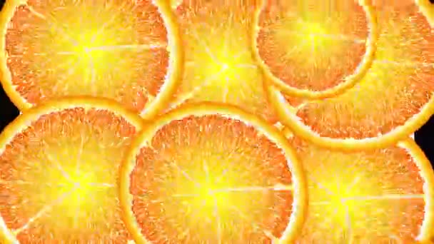 Saftige Grapefruitkreise drehen sich, erscheinen und verschwinden, fallen ins Wasser. Orange, rot, gelb, grüne Früchte — Stockvideo