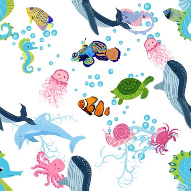 Deniz hayatı, balıklar, hayvanlar parlak, pürüzsüz desenler. Deniz yolculuğu, sualtı dalış yapan tropikal balıklar. Denizanası, balina, köpekbalığı, denizatı, palyaço balığı, yunus, kaplumbağa imparatoru balık ahtapot vatoz vatozu