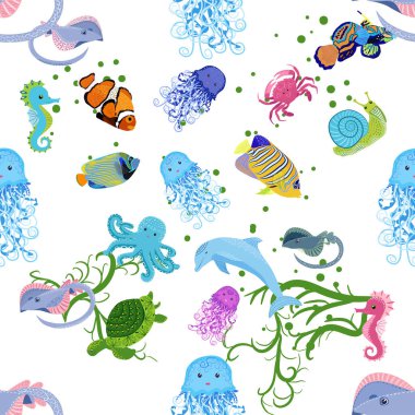 Deniz hayatı, balıklar, hayvanlar parlak, pürüzsüz desenler. Deniz yolculuğu, sualtı dalış yapan tropikal balıklar. Denizanası, balina, köpekbalığı, denizatı, palyaço balığı, yunus, kaplumbağa imparatoru balık ahtapot vatoz vatozu