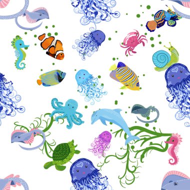 Deniz hayatı, balıklar, hayvanlar parlak, pürüzsüz desenler. Deniz yolculuğu, sualtı dalış yapan tropikal balıklar. Denizanası, balina, köpekbalığı, denizatı, palyaço balığı, yunus, kaplumbağa imparatoru balık ahtapot vatoz vatozu