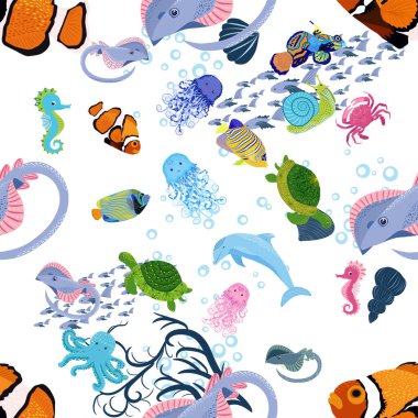 Deniz hayatı, balıklar, hayvanlar parlak, pürüzsüz desenler. Deniz yolculuğu, sualtı dalış yapan tropikal balıklar. Denizanası, balina, köpekbalığı, denizatı, palyaço balığı, yunus, kaplumbağa imparatoru balık ahtapot vatoz vatozu