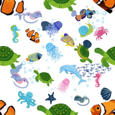 Deniz hayatı, balıklar, hayvanlar parlak, pürüzsüz desenler. Deniz yolculuğu, sualtı dalış yapan tropikal balıklar. Denizanası, balina, köpekbalığı, denizatı, palyaço balığı, yunus, kaplumbağa imparatoru balık ahtapot vatoz vatozu