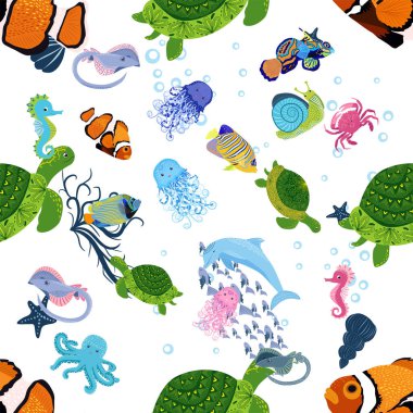 Deniz hayatı, balıklar, hayvanlar parlak, pürüzsüz desenler. Deniz yolculuğu, sualtı dalış yapan tropikal balıklar. Denizanası, balina, köpekbalığı, denizatı, palyaço balığı, yunus, kaplumbağa imparatoru balık ahtapot vatoz vatozu