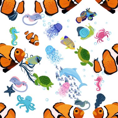 Deniz hayatı, balıklar, hayvanlar parlak, pürüzsüz desenler. Deniz yolculuğu, sualtı dalış yapan tropikal balıklar. Denizanası, balina, köpekbalığı, denizatı, palyaço balığı, yunus, kaplumbağa imparatoru balık ahtapot vatoz vatozu