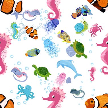 Deniz hayatı, balıklar, hayvanlar parlak, pürüzsüz desenler. Deniz yolculuğu, sualtı dalış yapan tropikal balıklar. Denizanası, balina, köpekbalığı, denizatı, palyaço balığı, yunus, kaplumbağa imparatoru balık ahtapot vatoz vatozu