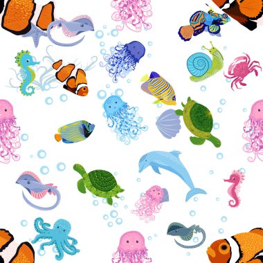 Deniz hayatı, balıklar, hayvanlar parlak, pürüzsüz desenler. Deniz yolculuğu, sualtı dalış yapan tropikal balıklar. Denizanası, balina, köpekbalığı, denizatı, palyaço balığı, yunus, kaplumbağa imparatoru balık ahtapot vatoz vatozu