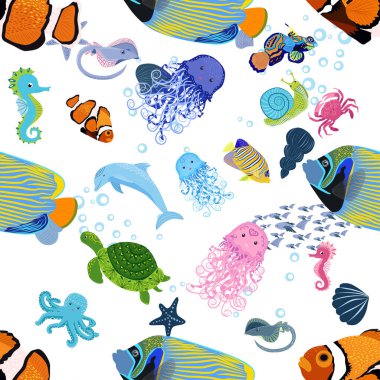 Deniz hayatı, balıklar, hayvanlar parlak, pürüzsüz desenler. Deniz yolculuğu, sualtı dalış yapan tropikal balıklar. Denizanası, balina, köpekbalığı, denizatı, palyaço balığı, yunus, kaplumbağa imparatoru balık ahtapot vatoz vatozu