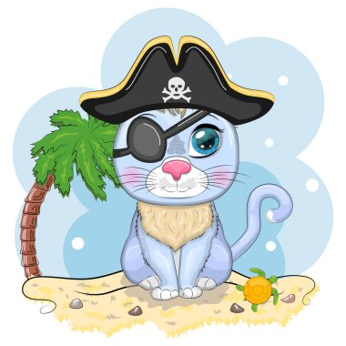 Kedi korsan, oyunun çizgi film karakteri, bandana takmış vahşi bir kedi, kafatası ve göz bandı olan bir horoz şapkası. Palmiye ağaçlarıyla kumsalda parlak gözlü bir karakter.