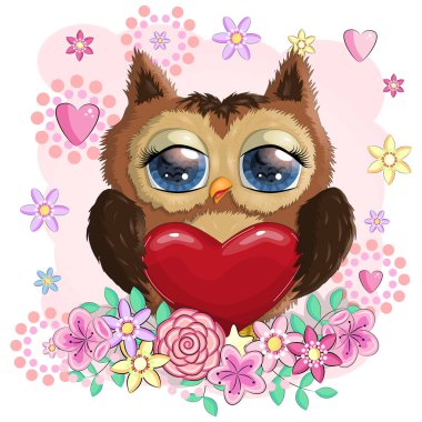 Sevgililer günü kartı. Sevimli Çizgi film Baykuşu. Yürekli ve çiçekli.