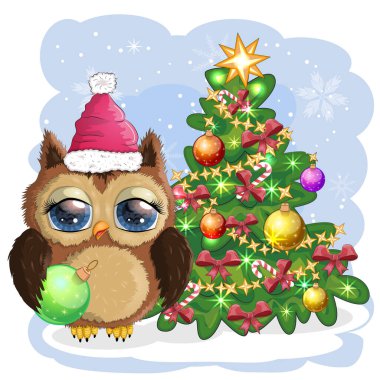 Noel kartı. Noel ağacıyla Şirin Çizgi Film Baykuşu..