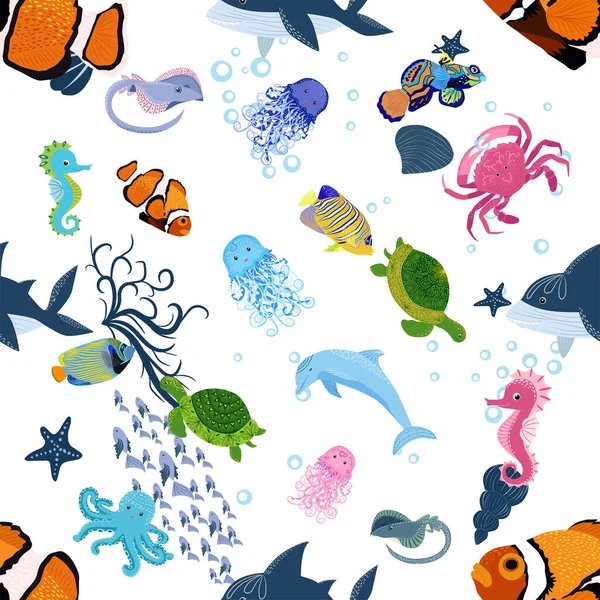 Deniz hayatı, balıklar, hayvanlar parlak, pürüzsüz desenler. Deniz yolculuğu, sualtı dalış yapan tropikal balıklar. Denizanası, balina, köpekbalığı, denizatı, palyaço balığı, yunus, kaplumbağa imparatoru balık ahtapot vatoz vatozu