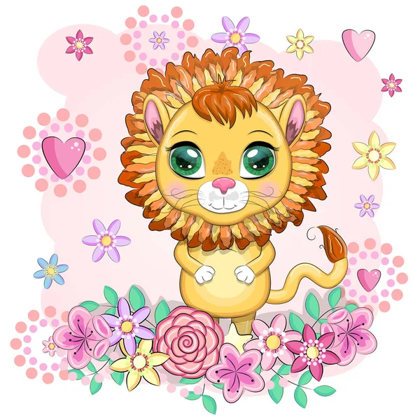 León Dibujos Animados Con Ojos Expresivos Con Flores Animales Salvajes — Vector de stock