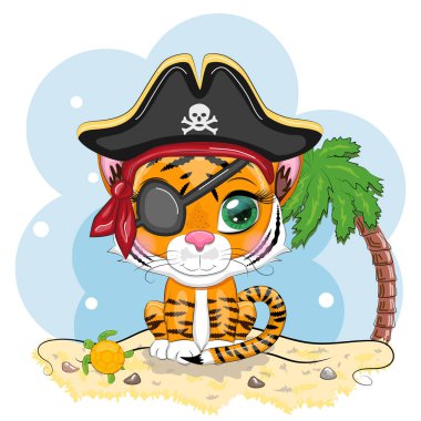 Kaplan korsan, oyunun çizgi film karakteri bandana takmış vahşi bir kedi ve kafatası ve göz bandı takmış bir şapka. Sahilde parlak gözlü, palmiyeli bir karakter.