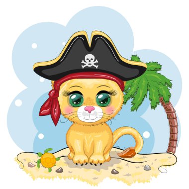 Aslan korsan, oyunun çizgi film karakteri, bandana takmış vahşi bir kedi ve kafatası ve göz bandıyla takılmış bir şapka. Sahilde parlak gözlü, palmiyeli bir karakter.