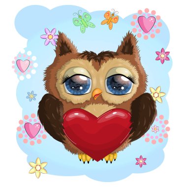 Sevgililer günü kartı. Sevimli Çizgi film Baykuşu. Yürekli ve çiçekli.