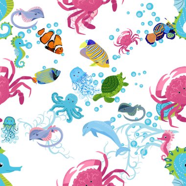 Deniz hayatı, balıklar, hayvanlar parlak, pürüzsüz desenler. Deniz yolculuğu, sualtı dalış yapan tropikal balıklar. Denizanası, balina, köpekbalığı, denizatı, palyaço balığı, yunus, kaplumbağa imparatoru balık ahtapot vatoz vatozu
