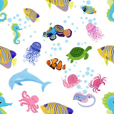 Deniz hayatı, balıklar, hayvanlar parlak, pürüzsüz desenler. Deniz yolculuğu, sualtı dalış yapan tropikal balıklar. Denizanası, balina, köpekbalığı, denizatı, palyaço balığı, yunus, kaplumbağa imparatoru balık ahtapot vatoz vatozu