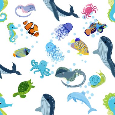 Deniz hayatı, balıklar, hayvanlar parlak, pürüzsüz desenler. Deniz yolculuğu, sualtı dalış yapan tropikal balıklar. Denizanası, balina, köpekbalığı, denizatı, palyaço balığı, yunus, kaplumbağa imparatoru balık ahtapot vatoz vatozu