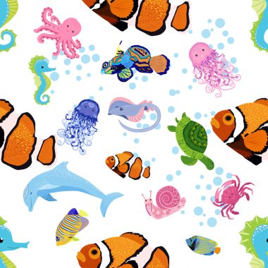 Deniz hayatı, balıklar, hayvanlar parlak, pürüzsüz desenler. Deniz yolculuğu, sualtı dalış yapan tropikal balıklar. Denizanası, balina, köpekbalığı, denizatı, palyaço balığı, yunus, kaplumbağa imparatoru balık ahtapot vatoz vatozu