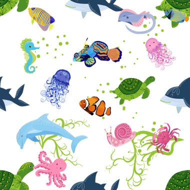 Deniz hayatı, balıklar, hayvanlar parlak, pürüzsüz desenler. Deniz yolculuğu, sualtı dalış yapan tropikal balıklar. Denizanası, balina, köpekbalığı, denizatı, palyaço balığı, yunus, kaplumbağa imparatoru balık ahtapot vatoz vatozu