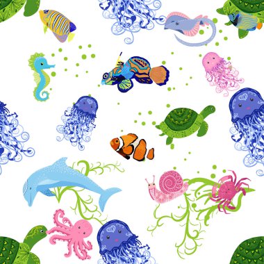 Deniz hayatı, balıklar, hayvanlar parlak, pürüzsüz desenler. Deniz yolculuğu, sualtı dalış yapan tropikal balıklar. Denizanası, balina, köpekbalığı, denizatı, palyaço balığı, yunus, kaplumbağa imparatoru balık ahtapot vatoz vatozu