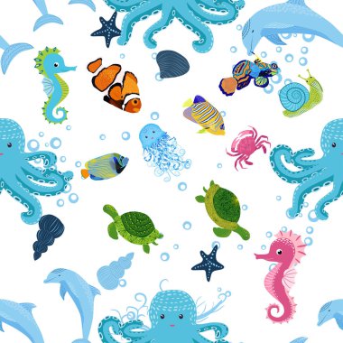 Deniz canlılarının kusursuz desenleri, deniz kabukları, deniz yosunu, denizyıldızı, deniz hayvanları ve vahşi yaşam arasında güzel bir karakter..