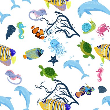 Deniz canlılarının kusursuz desenleri, deniz kabukları, deniz yosunu, denizyıldızı, deniz hayvanları ve vahşi yaşam arasında güzel bir karakter..